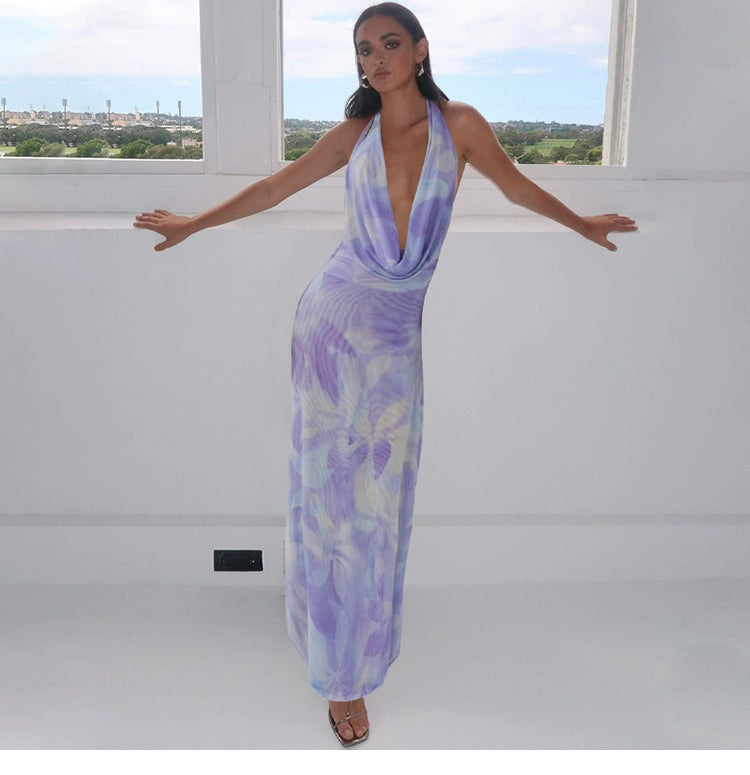 Sylcue Wizard of Oz Elegant Retro Tie-Dyed Fresh Print Deep V-neck Halter Dress Waist-Slimming Long Dress Summer