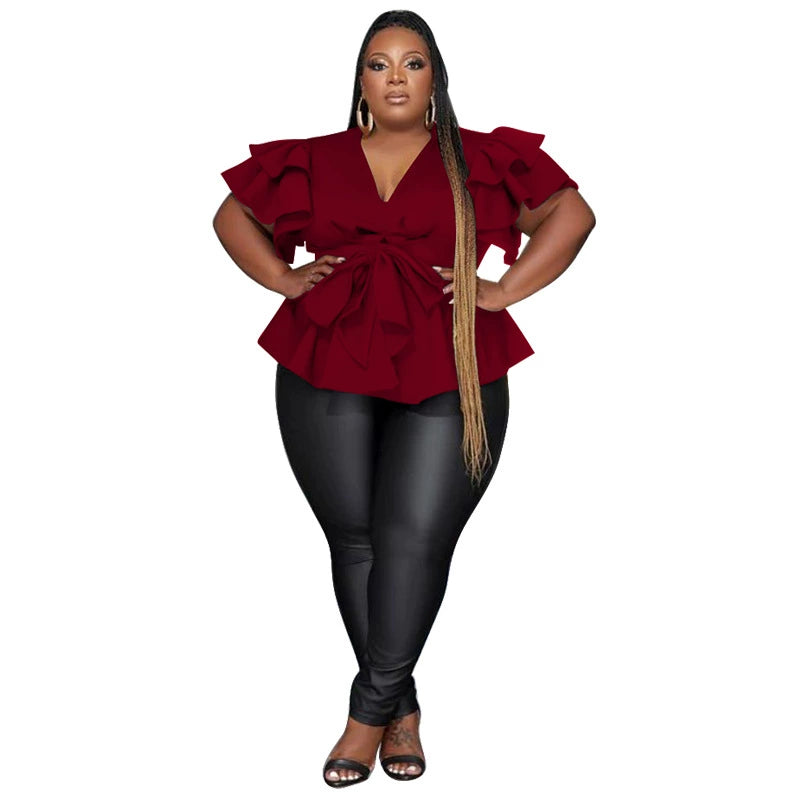Plus Size Party Top Women Big SizeV Neck Wedding Evening Red