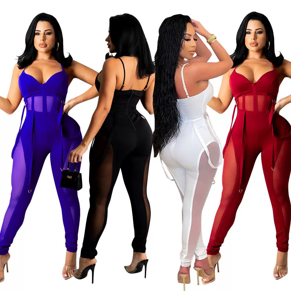 European and American Women's Clothing See-through Sexy Suspender Mesh Jumpsuit