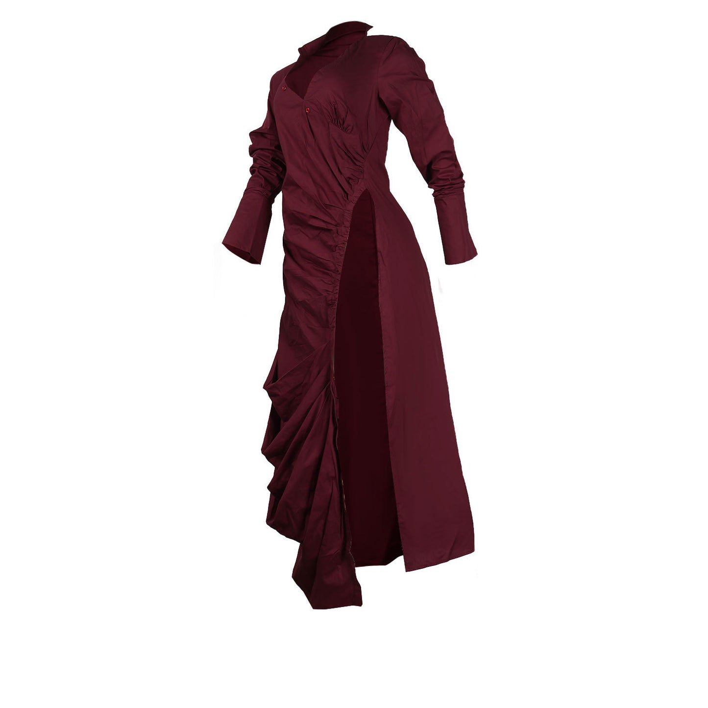 CM.YAYA Vintage Women Long Sleeve High Side Split Ruched Up Wrap Lapel Collar White Maxi Long Dress Fashion Street Dresses