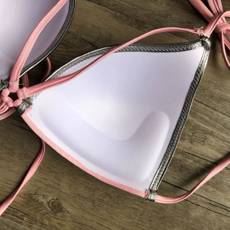 2023 New Arrival Nylon Triangle Bronzing Patchwork Bikini Lady Sexy Swimwear Swimsuit Export Bikini 8 Colors