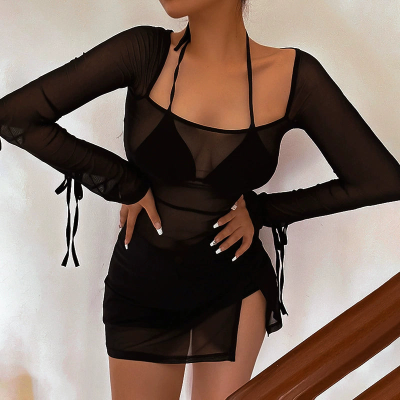 Transition Sexy Zone Black Sheer Mesh Sexy Temperament Split Long Dress Hot Spring Bikini Blouse Pure Desire Style