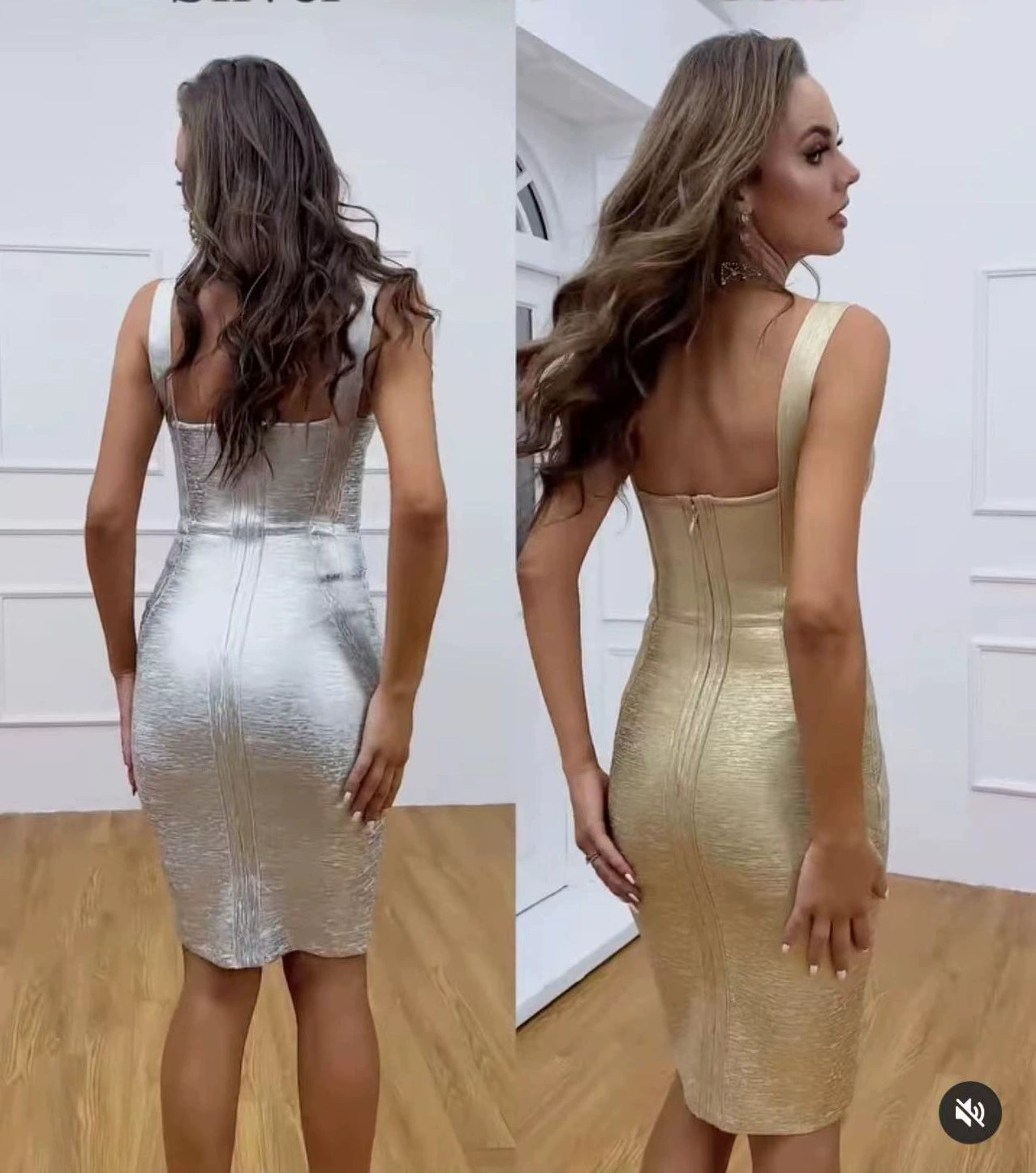 Europe and America Cross Border Model Sexy Low-Cut Buttock Cinched Sleeveless Bronzing Bandage One-Piece Dress Fashion Hot Party Packaging