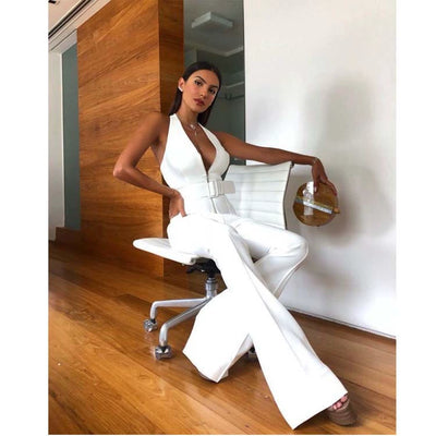 White Belt Jumpsuit Sleeveless Belt Elegant Halter White Jumpsuit Fashion Pants Suit Women