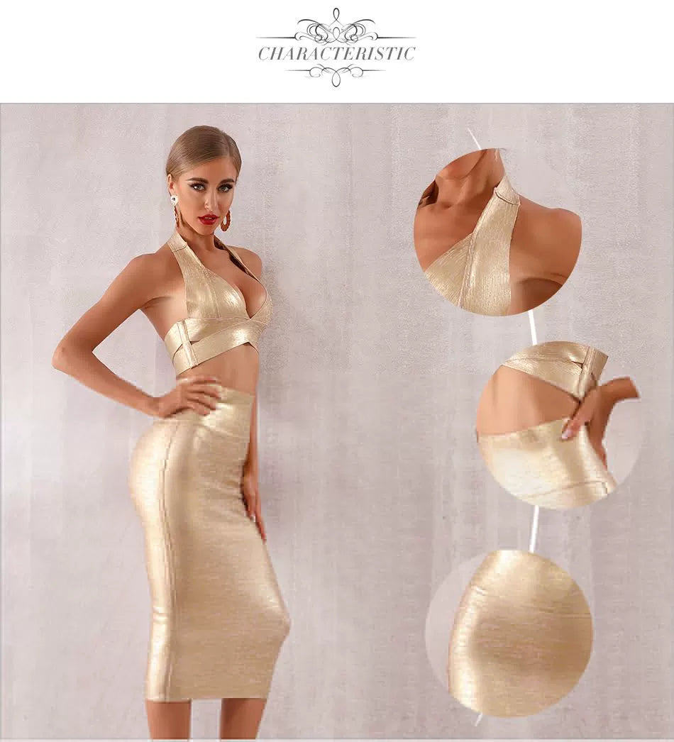 Bandage Sets Dress 2 Two Pieces Set Top Gold Party Dresses