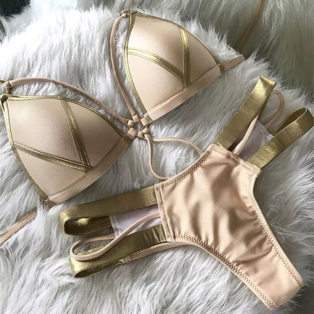 Hot Spring Sexy Bikini Lace-up Cutout Sexy Bronzing Bikini Hard Bag Hollow out Separates Swimsuit Bikini