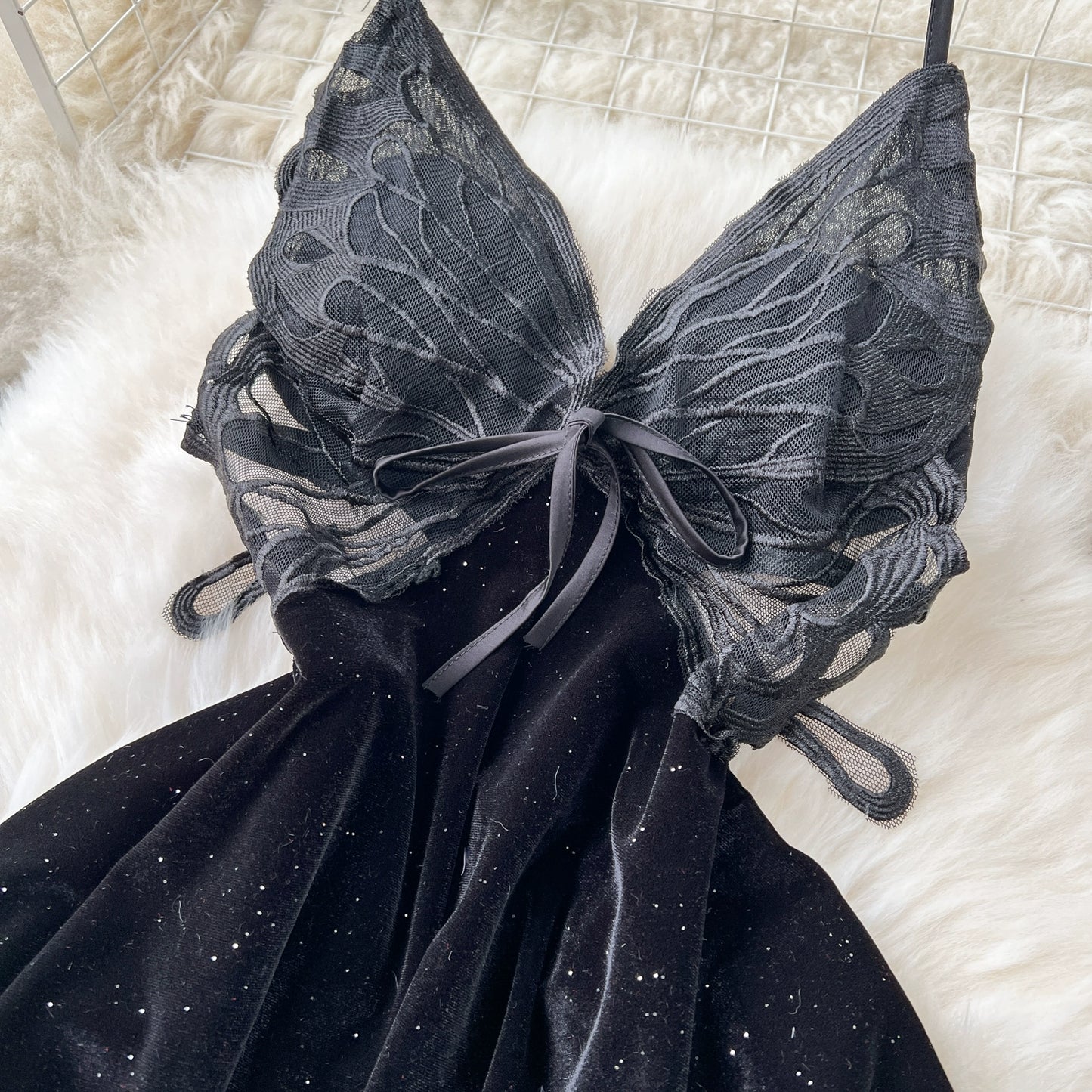 CHILLGIO Women Butterfly Velour Glitter Spaghetti Strap Sexy Fashion Backless Nightie Erotic Irregular A Line Pajamas Sundress
