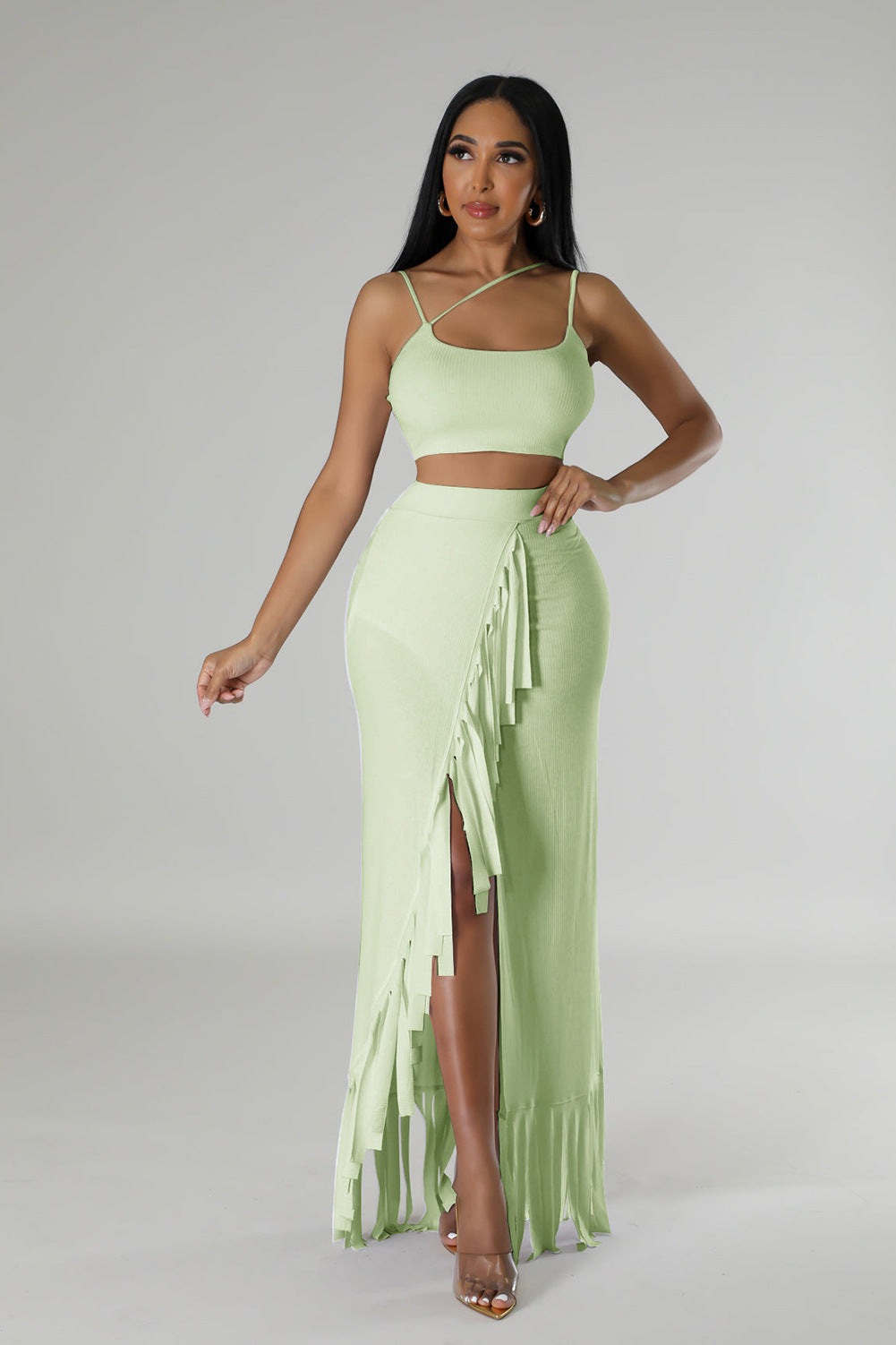 CM.YAYA Summer Women Sets Sleeveless Sexy Strap Crop Top and Tassel Long Skirt Sets Night Club Party Beach 2 Two Piece Sets