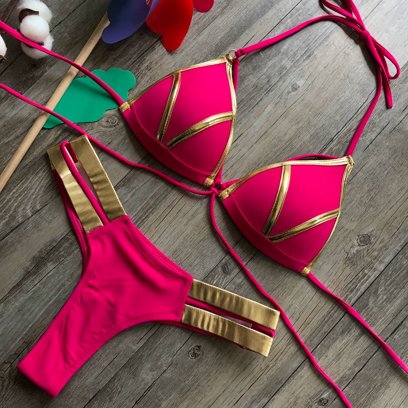 New New Arrival Nylon Triangle Bronzing Patchwork Bikini Lady Sexy Swimwear Swimsuit Export Bikini 8 Colors