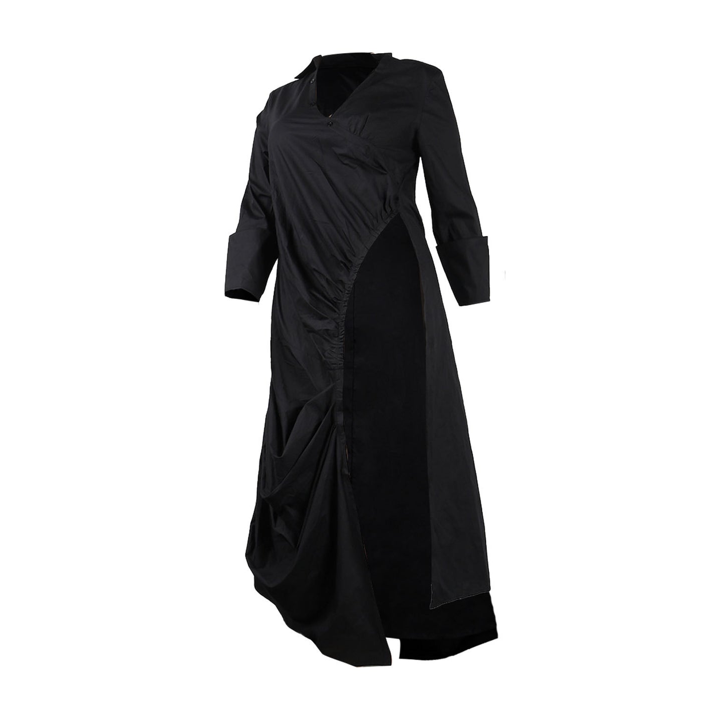 CM.YAYA Vintage Women Long Sleeve High Side Split Ruched Up Wrap Lapel Collar White Maxi Long Dress Fashion Street Dresses