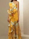 French Style Retro Elegant Waist Trimming Casual Print Sloping Shoulder Dress Printed One Shoulder Dress