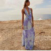 Sylcue Wizard of Oz Elegant Retro Tie-Dyed Fresh Print Deep V-neck Halter Dress Waist-Slimming Long Dress Summer