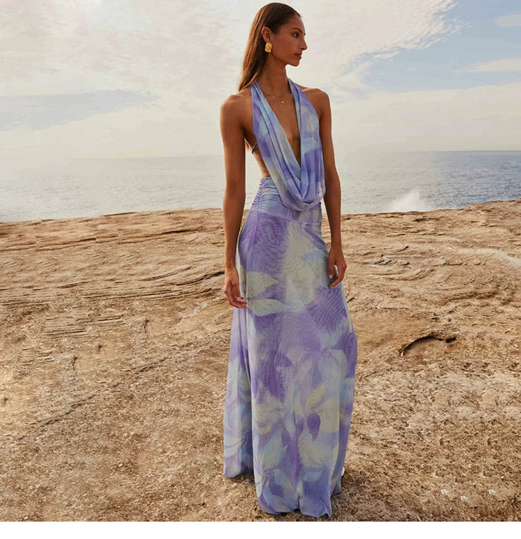 Sylcue Wizard of Oz Elegant Retro Tie-Dyed Fresh Print Deep V-neck Halter Dress Waist-Slimming Long Dress Summer