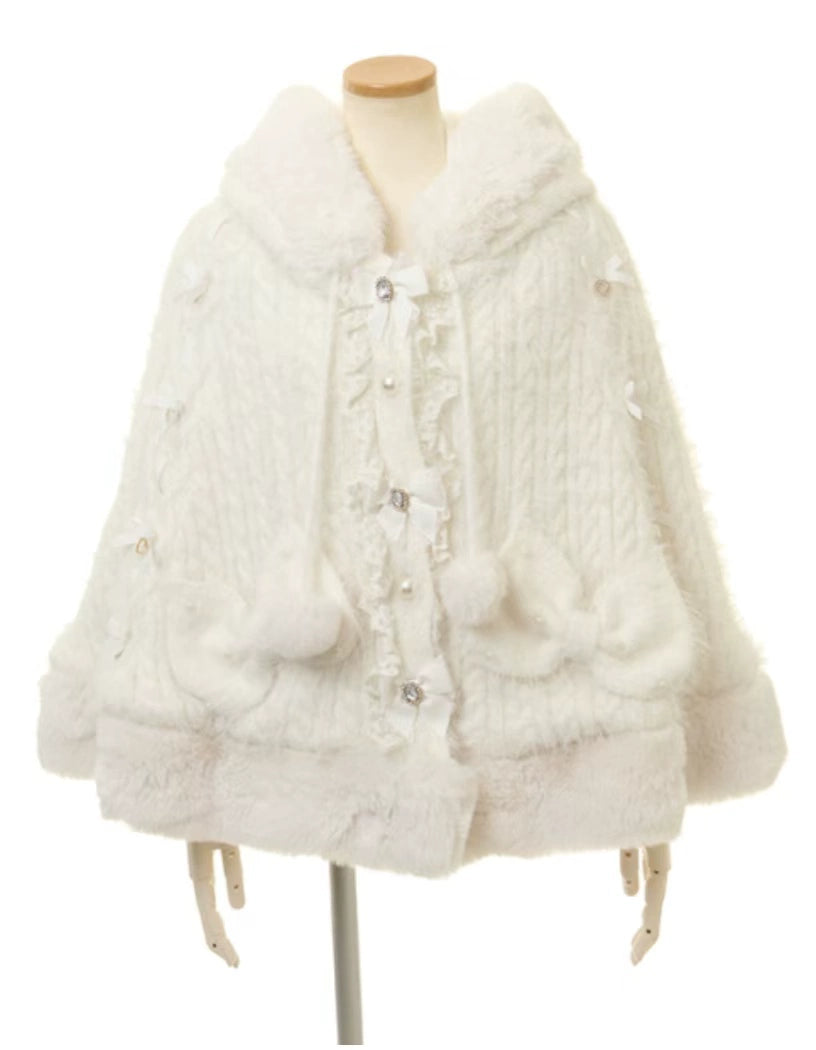 Japanese Liz Sweet Princess Faux Rabbit Fur Cape Coat Women Autumn Winter Fur Jacket Loose Clock Rhinestone Bow Hooded Coat