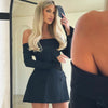 BKQU Elegant Off Shoulder Long Sleeve Mini Dress Women Sexy Strapless Backless Slim A-Line Short Dress Lady Chic Party Vestidos