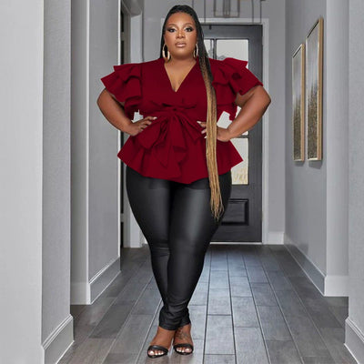 Plus Size Party Top Women Big SizeV Neck Wedding Evening Red