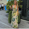 Sylcue Wizard of Oz Elegant Retro Tie-Dyed Fresh Print Deep V-neck Halter Dress Waist-Slimming Long Dress Summer