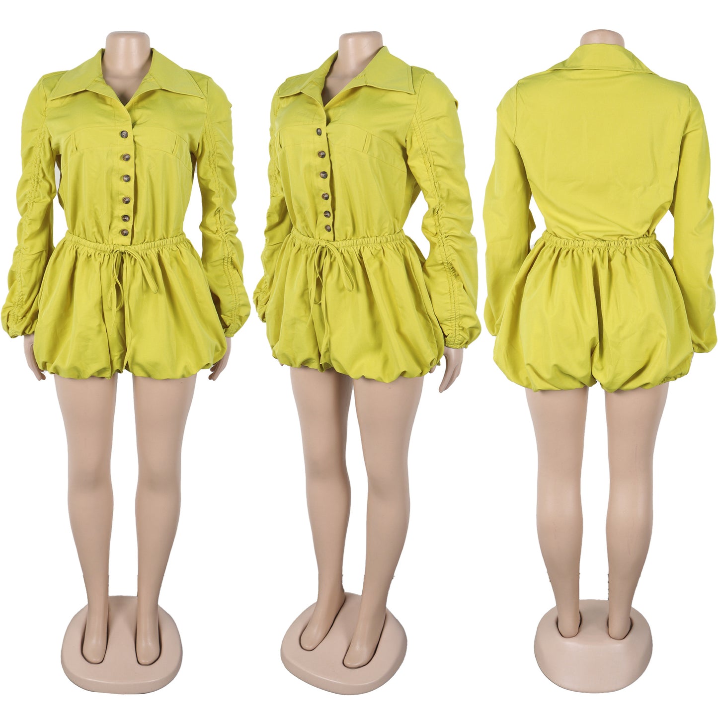 CM.YAYA Vintge Women's Blouse Style Ruched Up Long Sleeve Romper Playsuit 2025 Summer Streetwear Basic Overall Outfits Jumpsuits