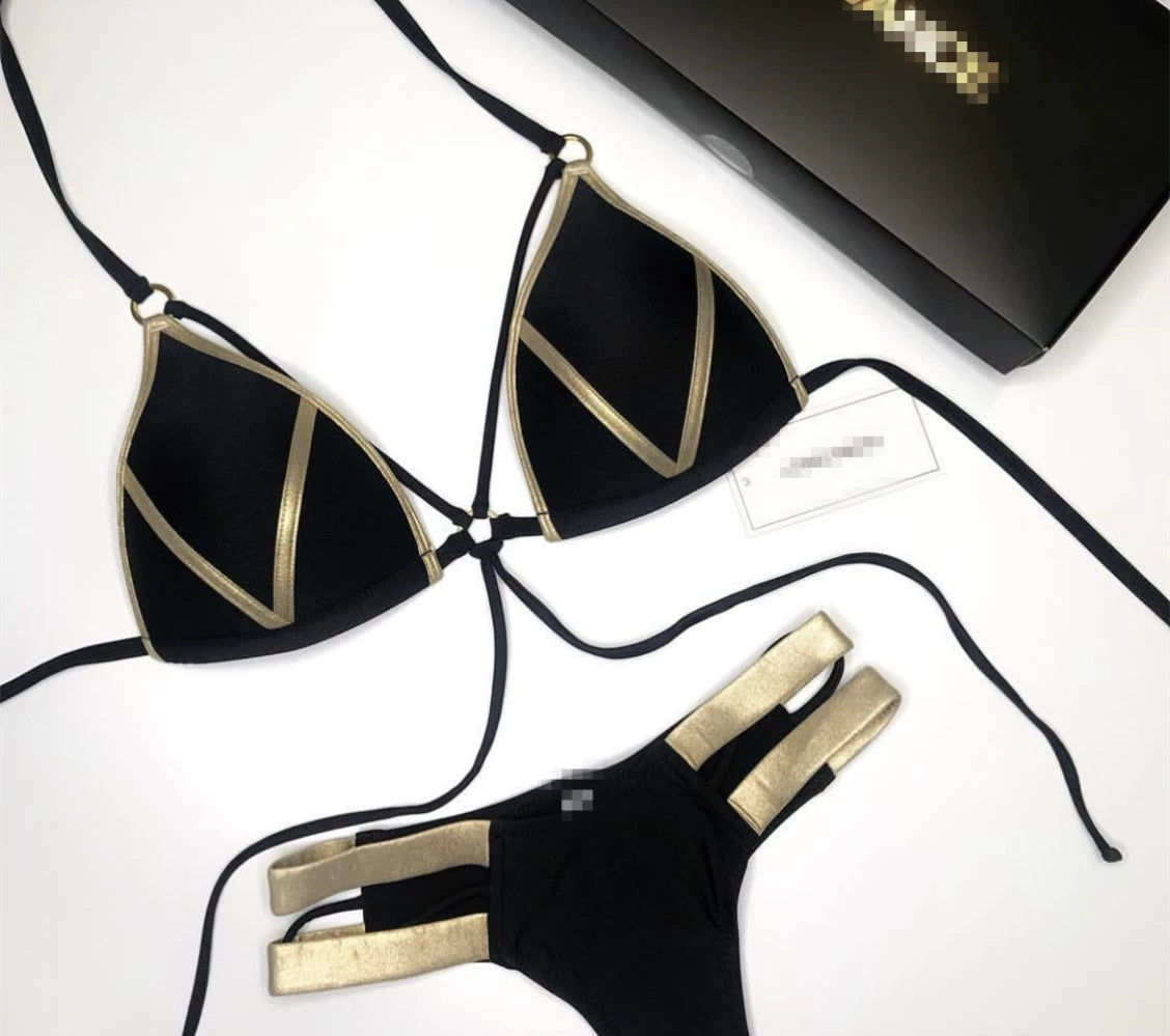 2023 New Arrival Nylon Triangle Bronzing Patchwork Bikini Lady Sexy Swimwear Swimsuit Export Bikini 8 Colors