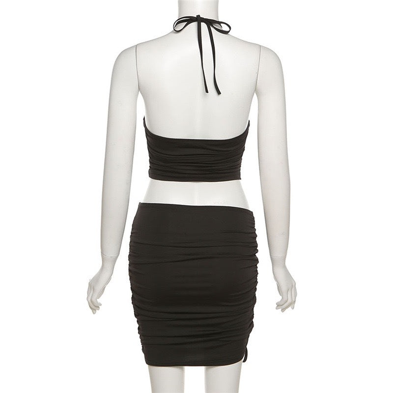 Women's Neck Hanging Hollow Strap Short Top Set Sexy Backless Sleeveless Tank Top and Short Skirt Casual Street Wear Club Party