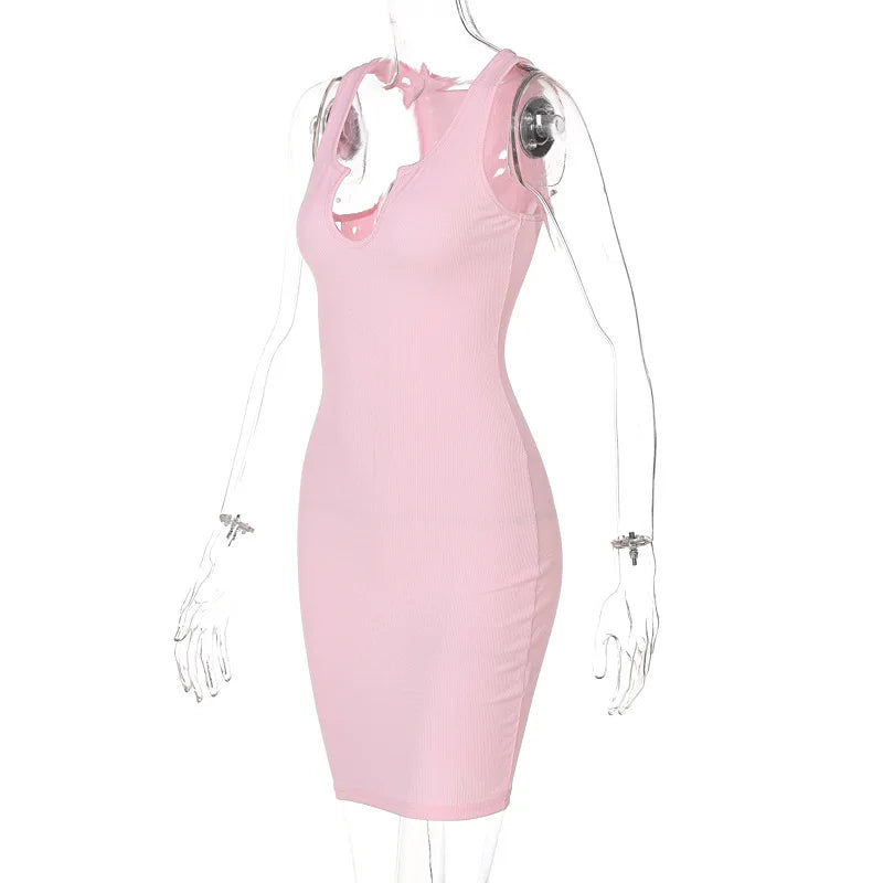 Sexy Deep U Neck Wrap Chest Slim Bodycon Dress Women Sleeveless Solid Color Skinny Dress Elegant Club Party Vestidos