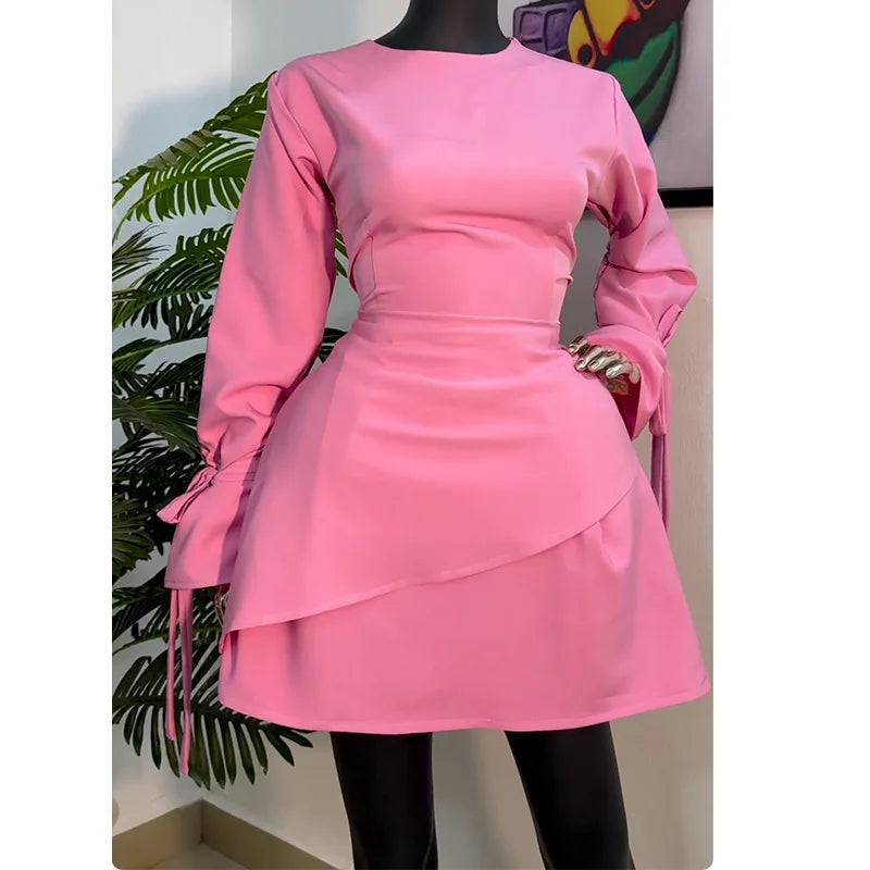 CM.YAYA Women Tie Up Bow Long Sleeve O-neck Mini Dress 2025 Birthday Holiday Sexy Club Party Evening High Street A-Line Dresses