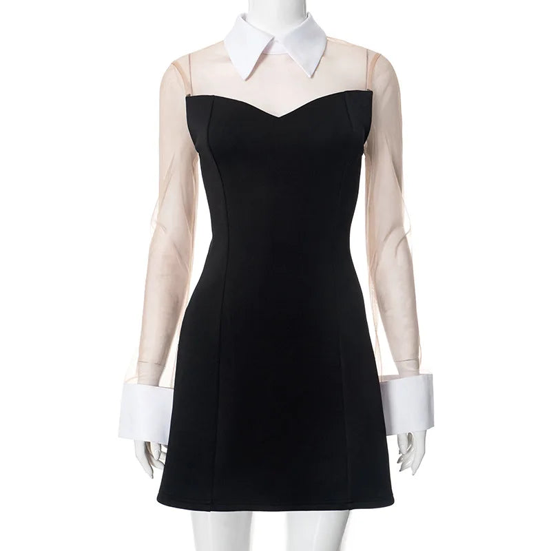 Nsauye Pullover Women Sexy Mesh See Through Turn Down Collar Night Club Dress Evening Party Summer Short Elegant Fashion Dress