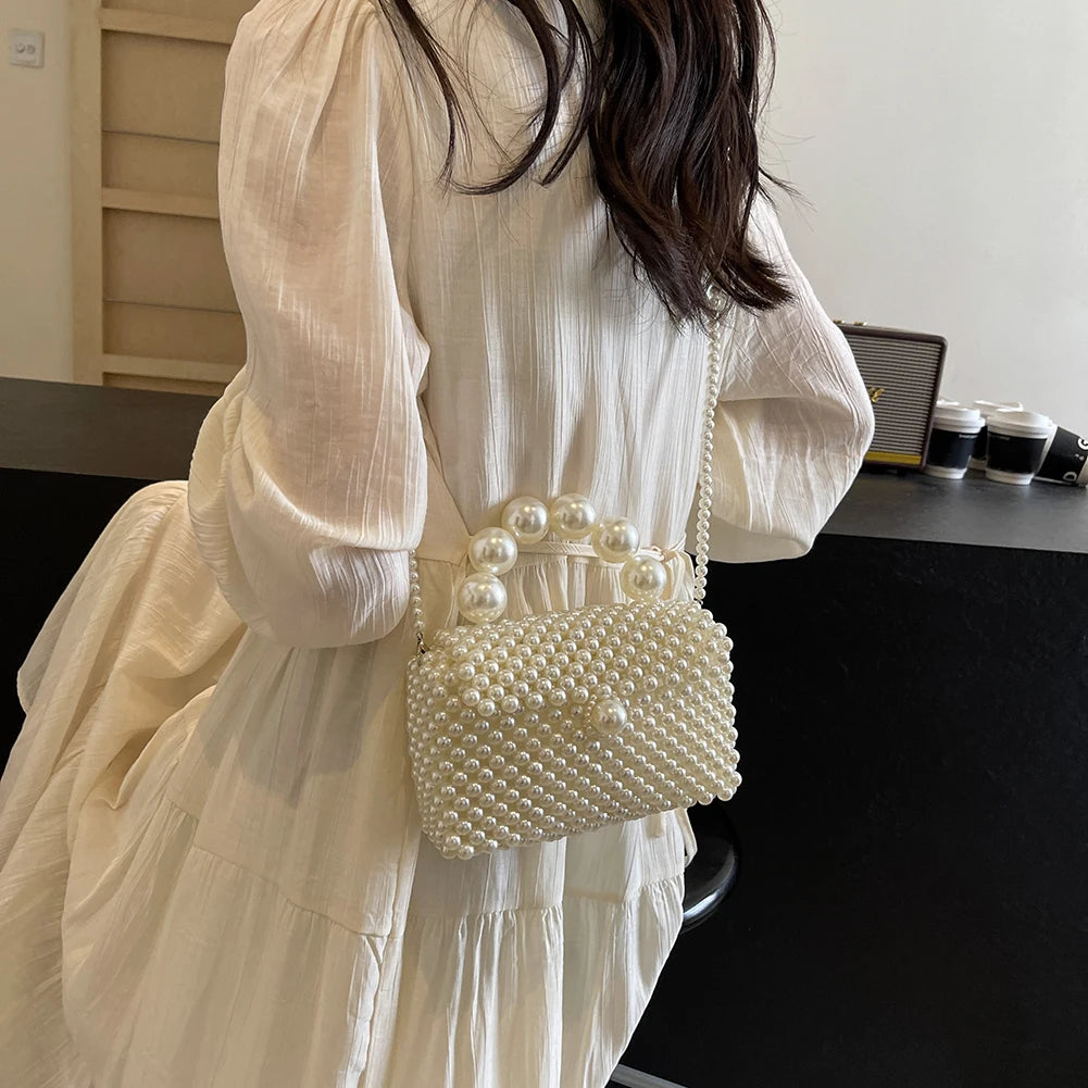 2024 Newest Handmade Pearl Knitting Evening Handbag Luxury Women's Snall Crossbody Bag High-end Hand-Woven Elegant Clutch Purses