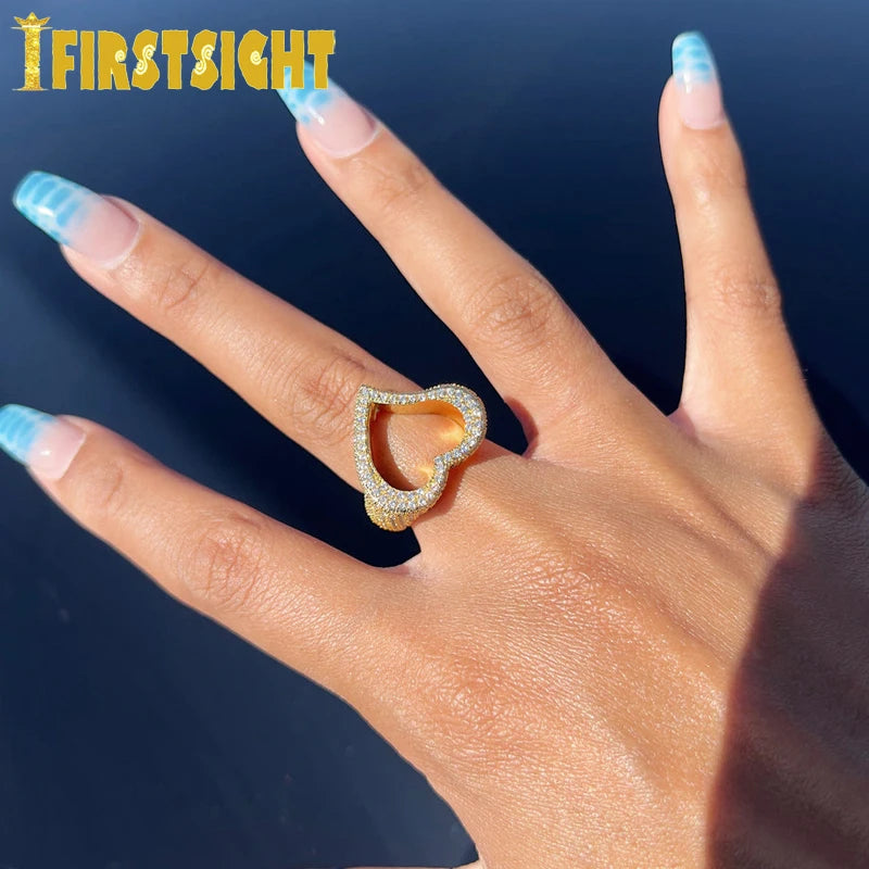 New Full Iced Out Bling Hollow Heart Ring Gold Silver Color 5A CZ Micro Pave Cubic Zircon Rings Hip Hop Punk Men Women Jewelry