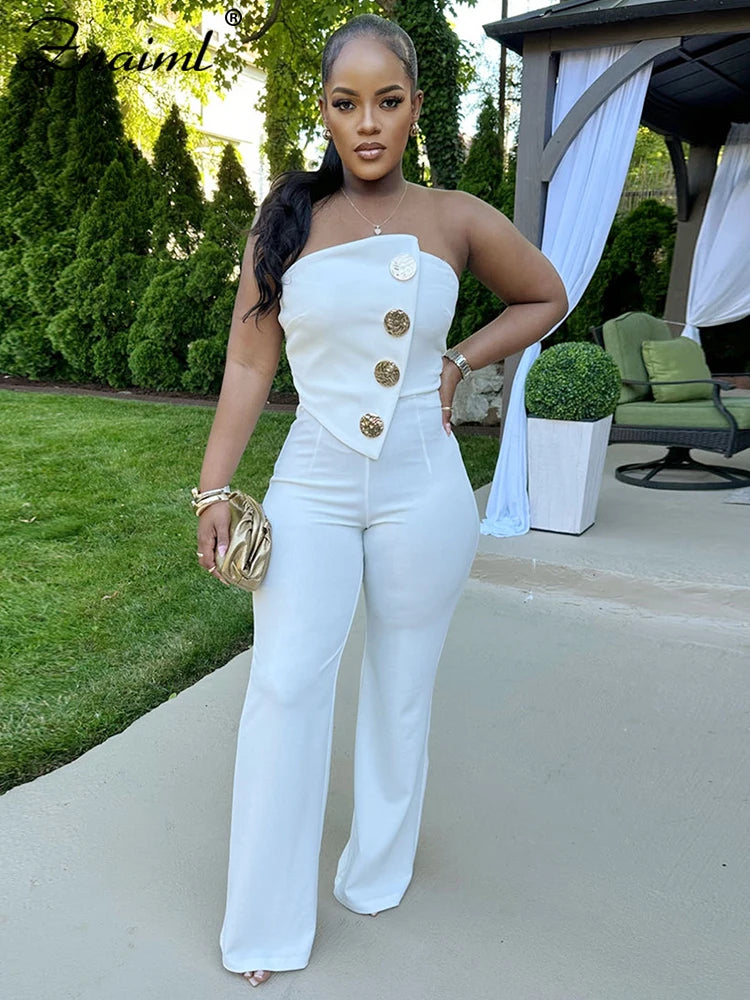 Znaiml Sexy Yellow Button Wide Leg Pants Stretch Long Rompers One Pieces Overalls Women Strapless Jumpsuit Birthday Streetwear