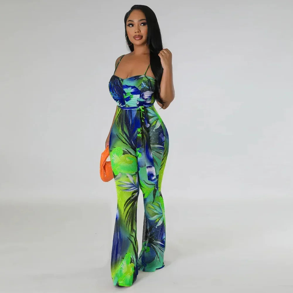 Floral Printed Jumpsuits Summer Outfits for Women 2024 Clubwear Spaghetti Strap Skinny One Pieces Romper Summer Beach Wear