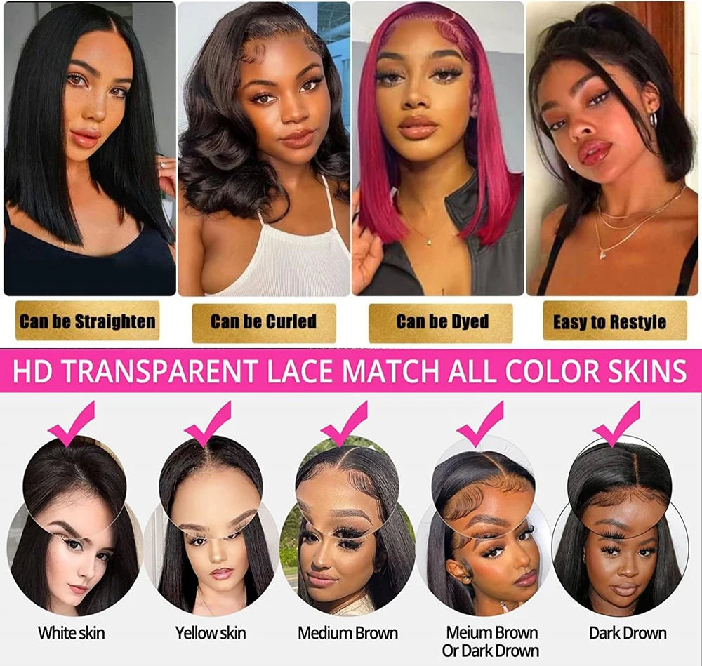 YIJIMEI 13x4 Straight Bob Wigs Human Hair Lace Frontal Wig 180% Density Natural Color Brazilian Wigs On Sale 10-14inch