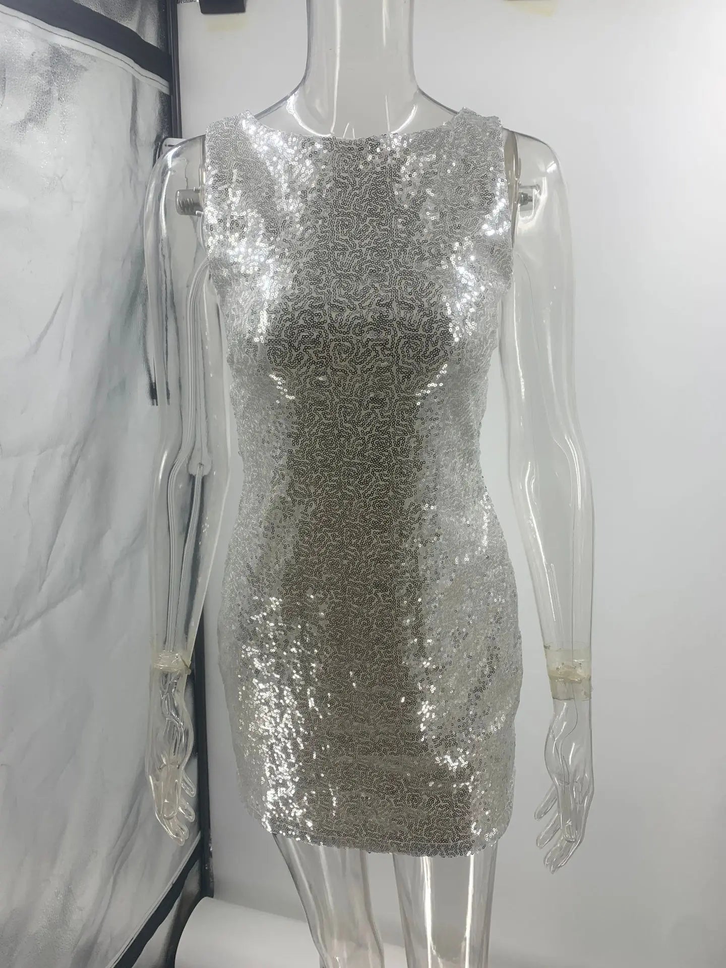 Backless Bow Sparkly Sequin Shiny Dress Women Sleeveless Evening Party Silver Dresses Cocktail Prom Gala ﻿Glitter Gowns New In