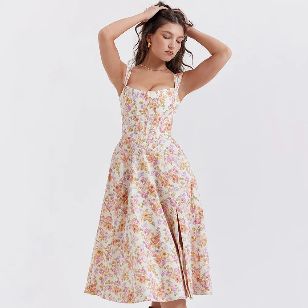 Suninheart Summer Pink Floral Print Corset Dress Midi Elegant Sexy Party Dresses Holiday Birthday Casual A Line Women Clothing