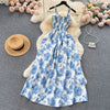 2024 New Summer Korean Fashion Rose Flower Print Romantic Retro Party Dress Elastic High Waist Vacation Long Dress Beach Vestido