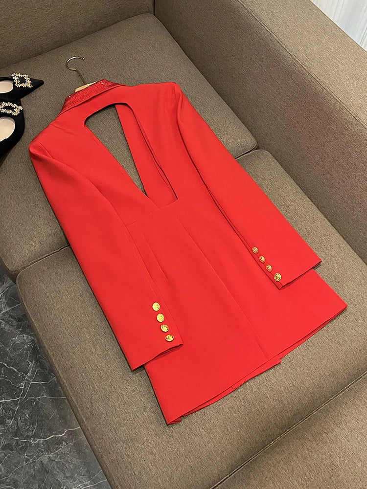 TWOTWINSTYLE Solid Hollow Out Blazer For Women Shawl Collar Long Sleeve Tunic Spliced Button Temperament Blazer Female KJA501707