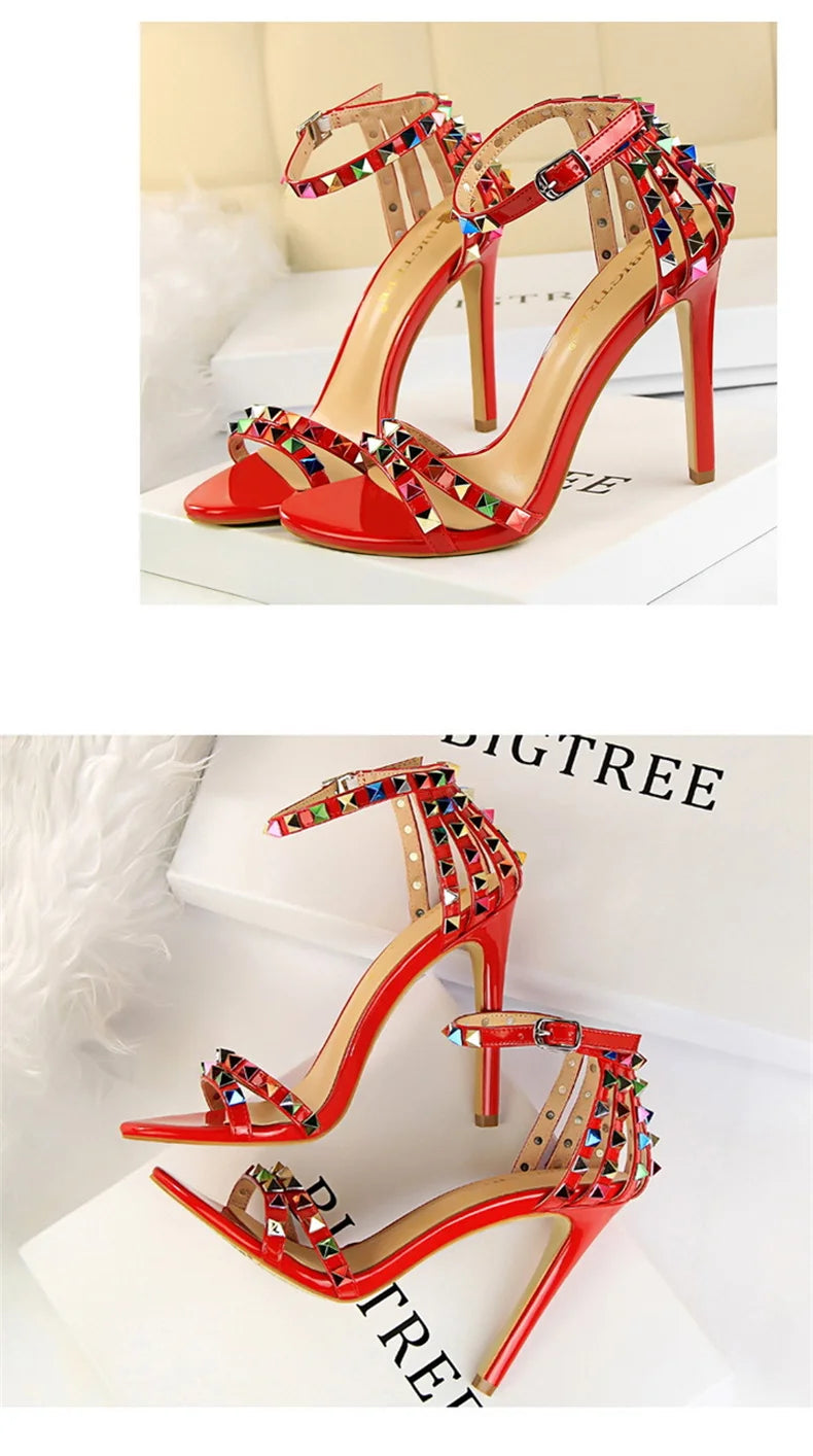 Summer Women Roman High Heels Rivets Studded Sandals Stiletto Gladiator Pumps Open Toe Luxury Shoes Hollow One-word Buckle 267-2