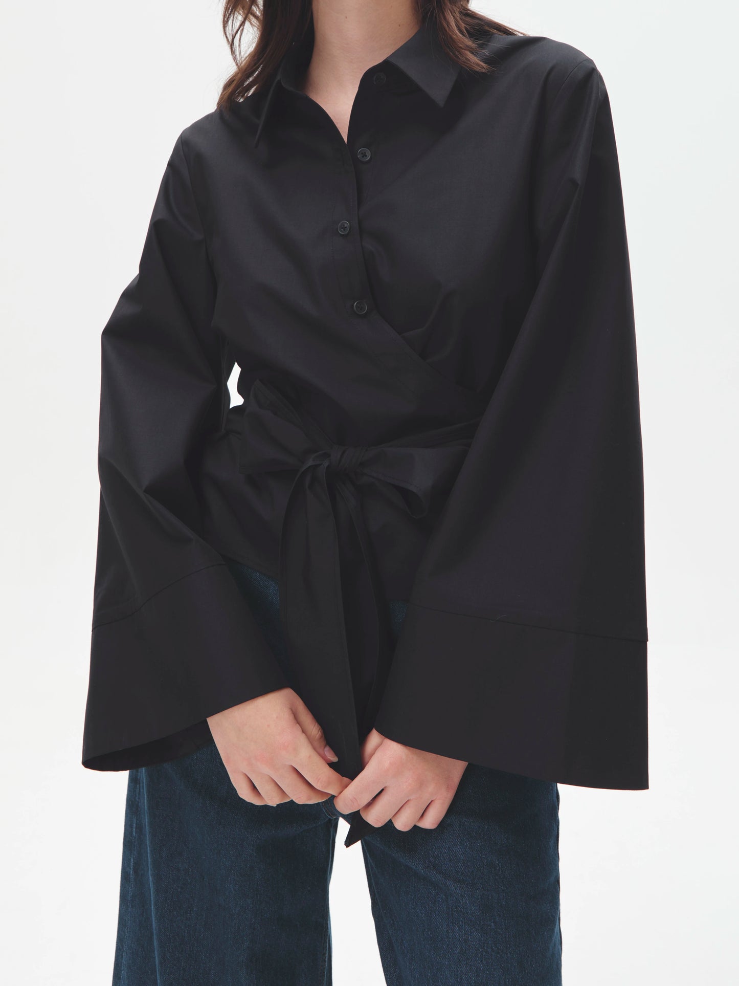 New Women's Fashion Casual Polo Neck Bow Tie up Short Edition Double Breasted Poplin Shirt