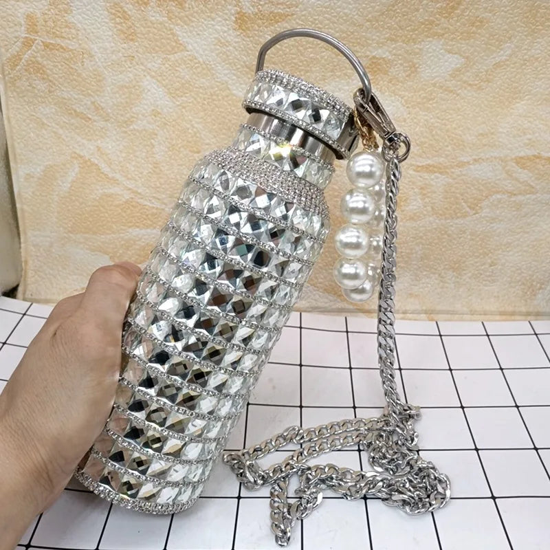 Bling Rhinestone Insulated Thermos Water Bottle with Chain Stainless Steel Vacuum Insulated Bottle Flask Portable Tumbler
