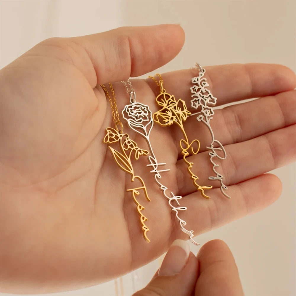 eManco Custom Birth Month Botanical Flower Pendant Stainless Steel Gold Plated Personalized Name Necklace Women's Accessories