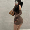 Summer Sexy High Neck Tight Dress Oversleeve Pleated Bottom Wrapped Hip Dress Women Bodycon
