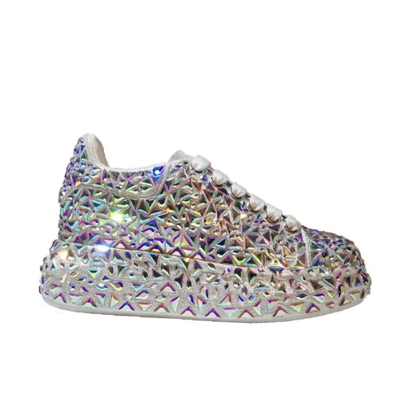 Leather Women Shoes Autumn Spring  New Style Fashion Platform Shoes Ins Platforms Sneakers Tide Shine Bling Rhinestone Shoes