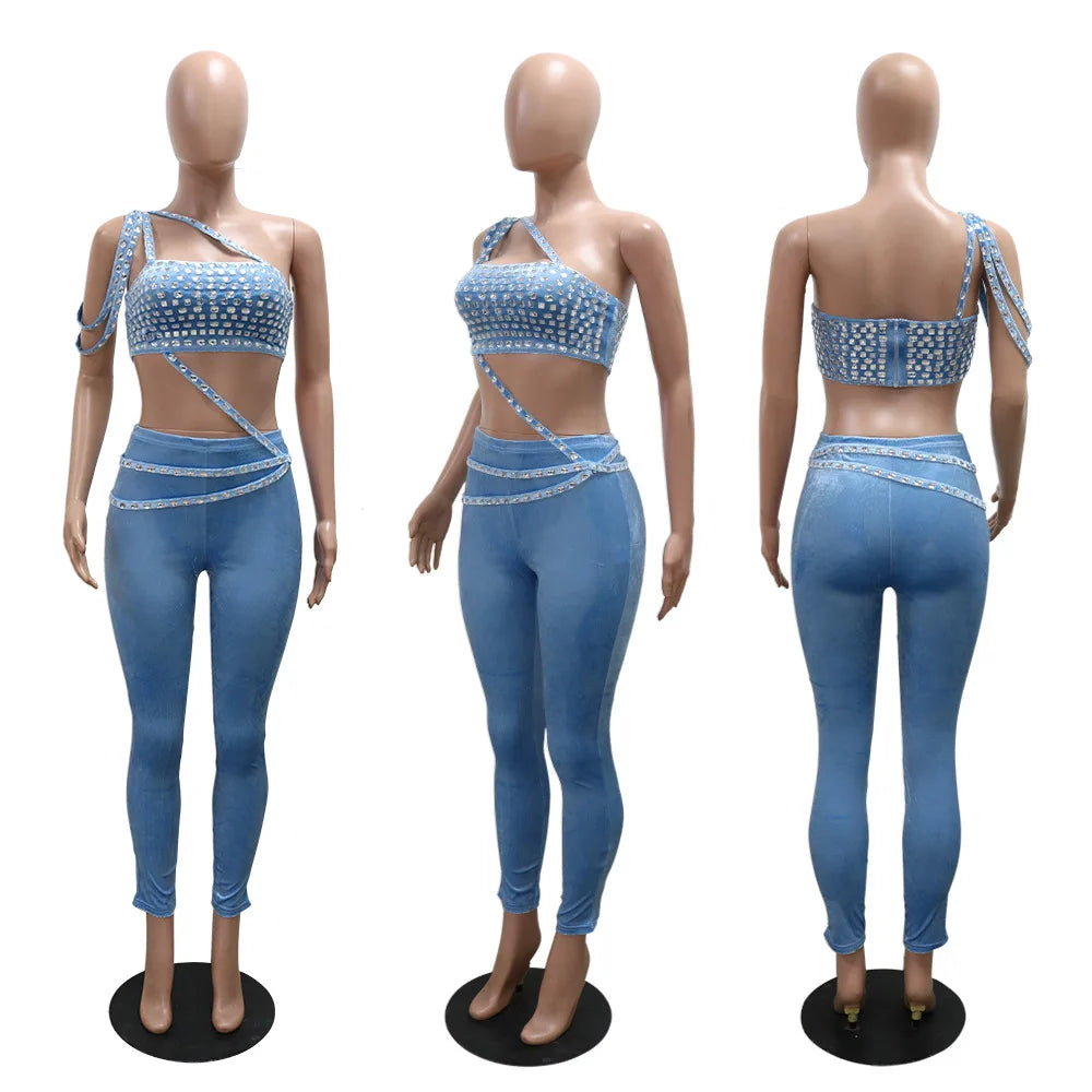 Joskaa Women Velvet 2 Piece Sets Sexy Diamonds Wrap Chest Tank Tops and Pencil Pants Match Winter Party Club Outfits Streetwear