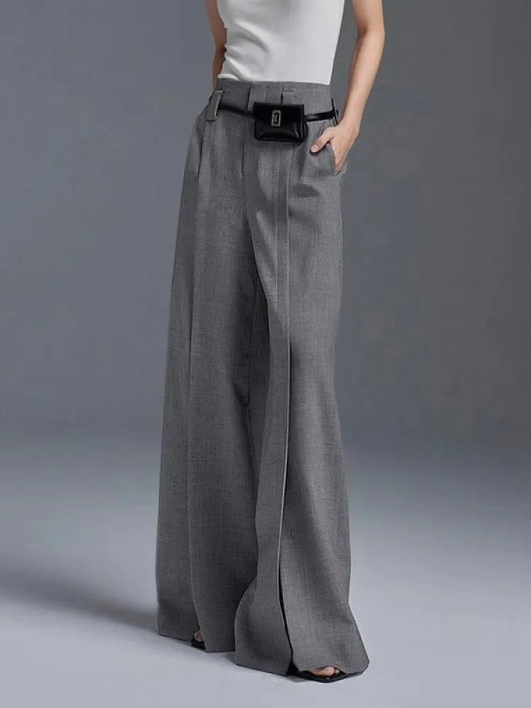 Yeezzi Urban Female Suit Pants 2025 New Fashion Black White Color Loose Straight Pant High-Waisted Pleated Split-Front Trousers