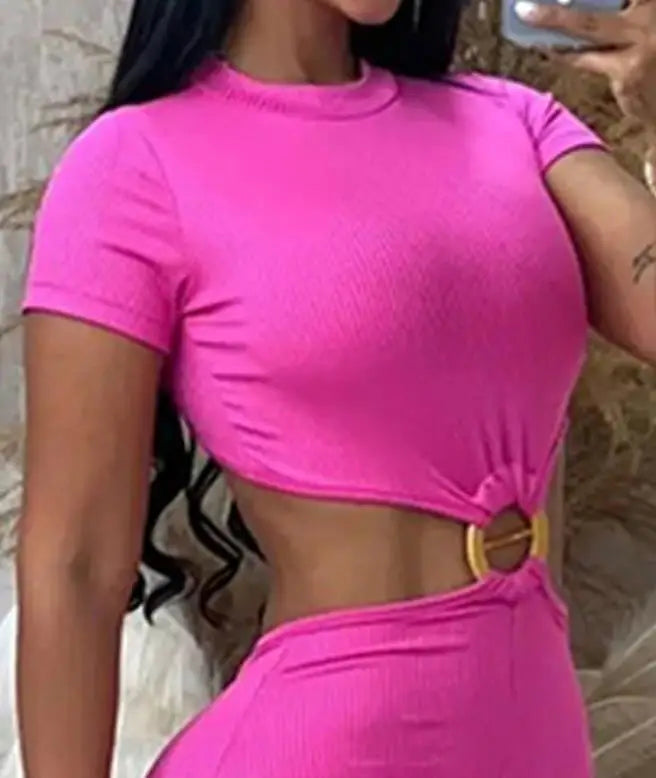 Ladies Jumpsuit Summer Outfit 2023 Sexy O-Ring Decor Cutout Short Sleeve Jumpsuit Sexy Backless Cutout High Waist Jumpsuit