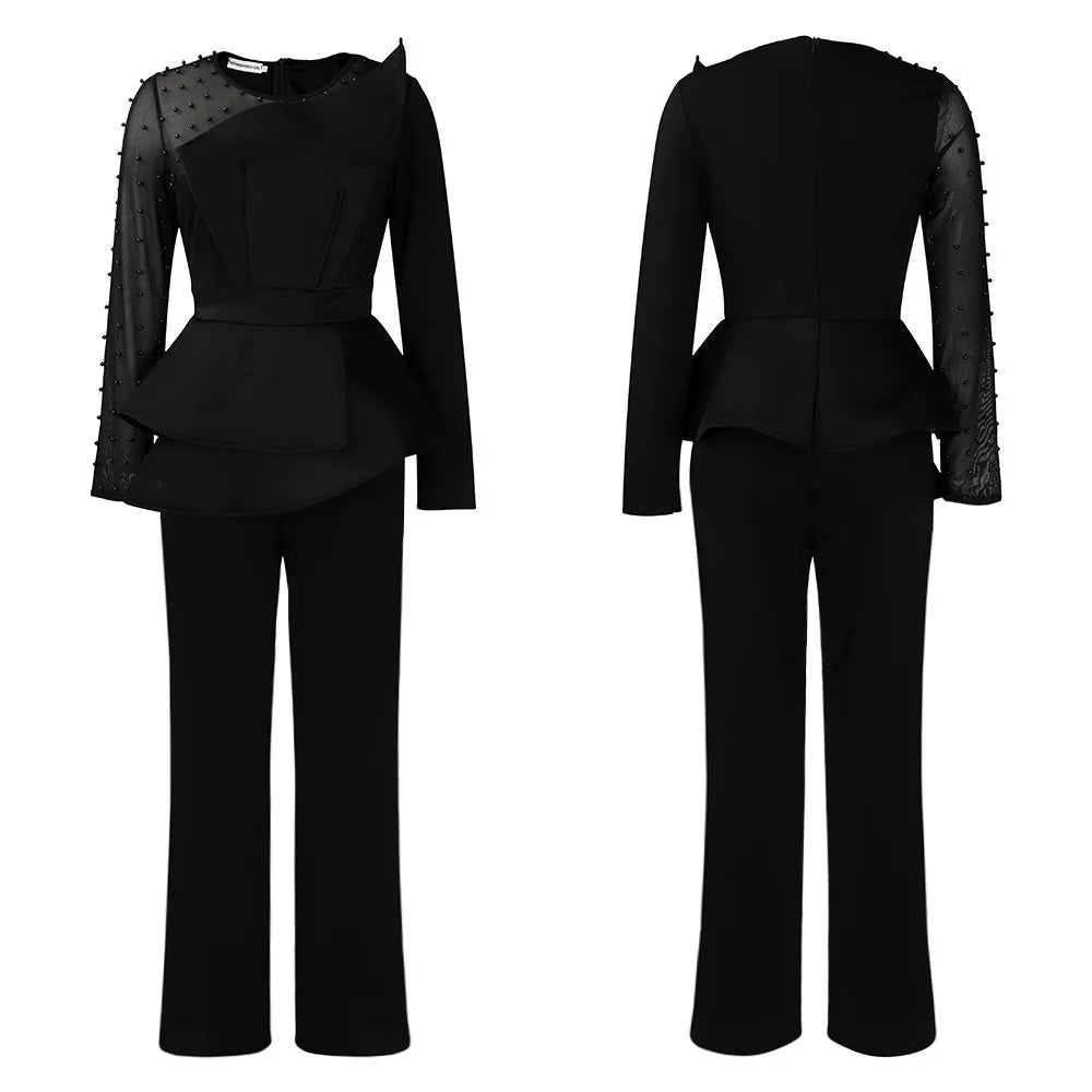 Luxury Jumpsuits & Rompers for Women Round Neck Beaded Transparent Sleeve High Waisted Elegant Female Birthday Party Overalls