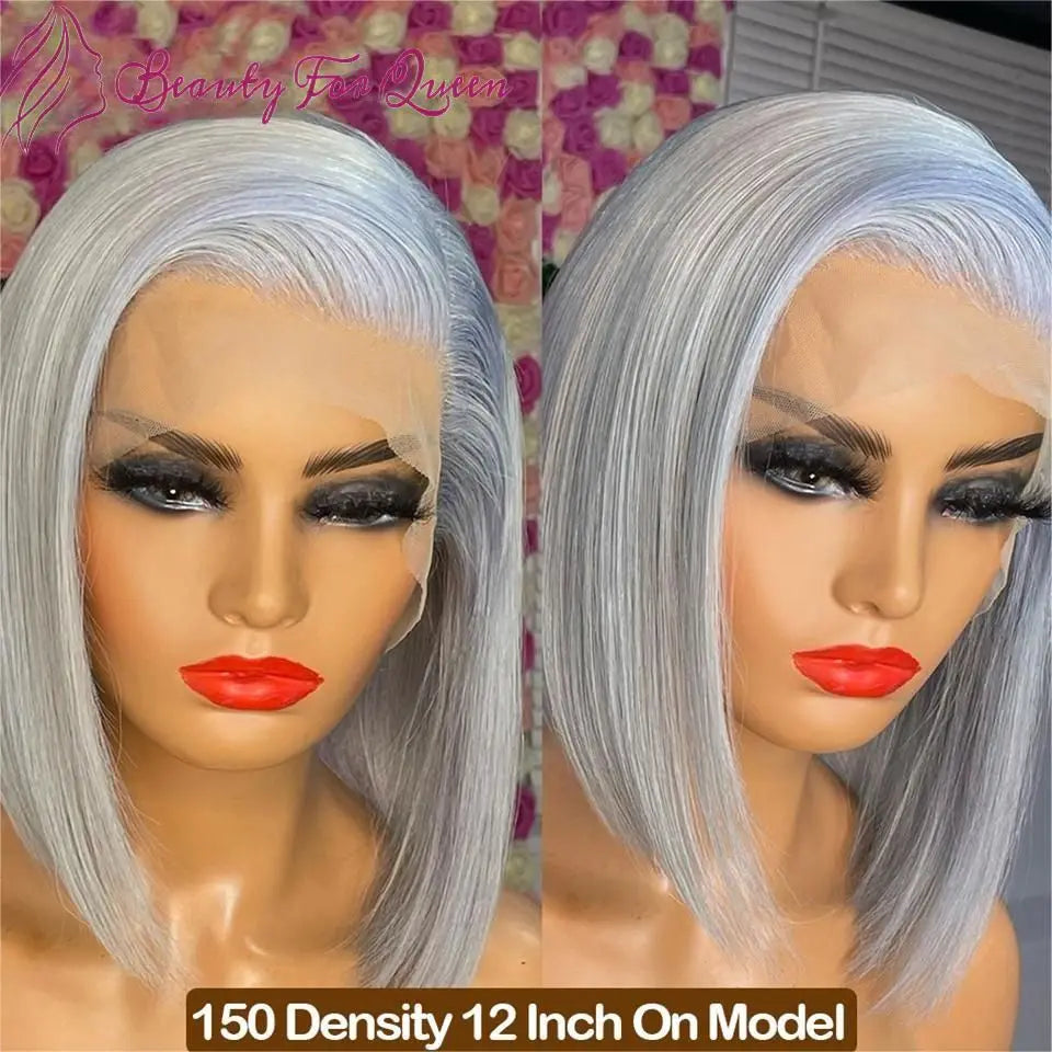 Straight Short Bob Wigs Silver Grey Colored For Women Glueless Brazilian Remy Lace Frontal Wig 180% Density Human Hair