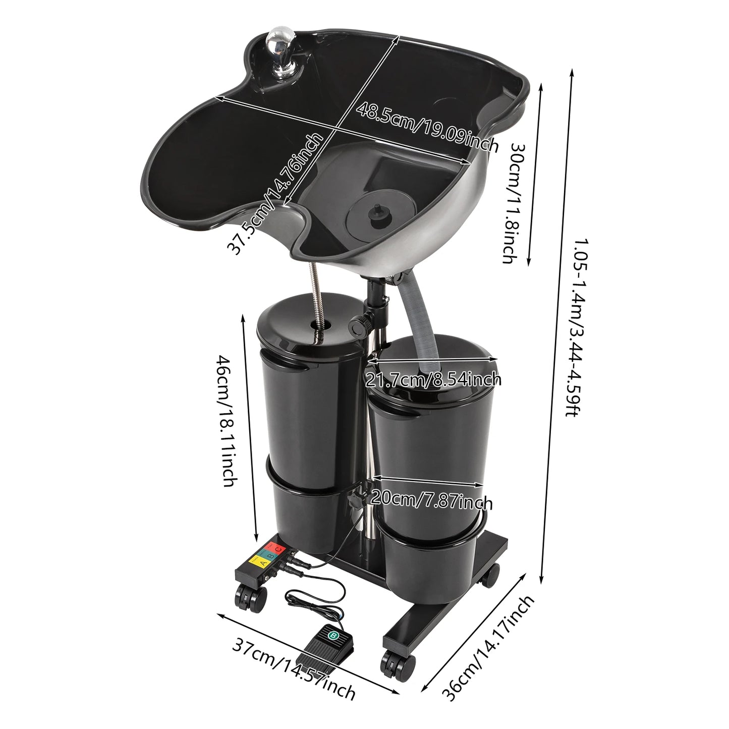 Portable Shampoo Basin with 2 Water Buckets 30cm Deep Salon Hair Washing Sink Adjustable Height Angle Mobile Shampoo Bowl Unit