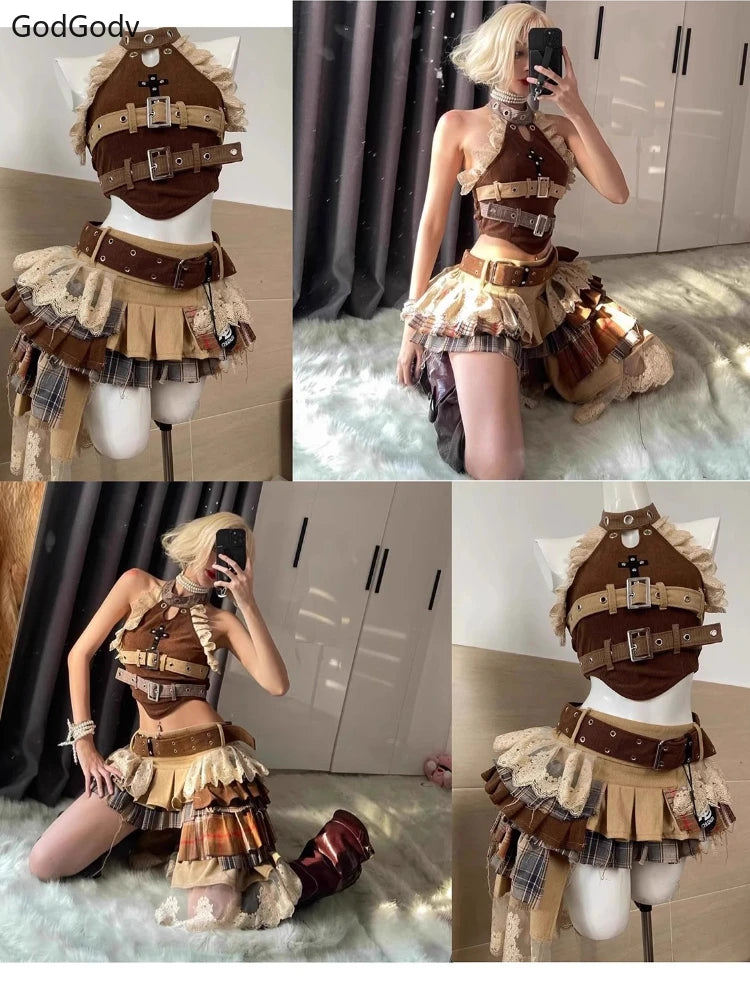Punk Style Vintage Woman 2 Piece Sets Y2k Design Strapless Crop Tops + High Waist Ruffle Skirt Female Party Korea Style Outfits