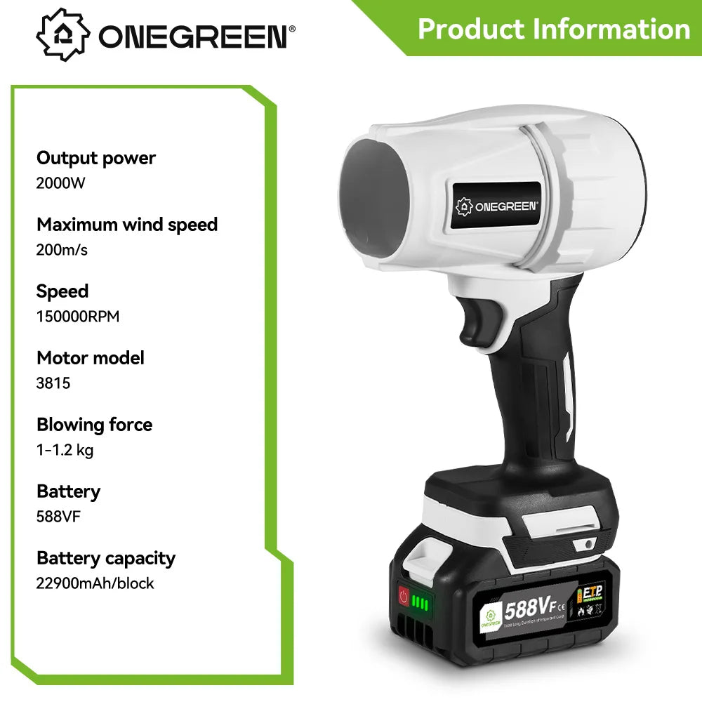 ONEGREEN 2000W Electric Brushless Turbo Fan Blowers Cordless 150000RPM Air Blower Violent Power Tools for Makita 18V Battery